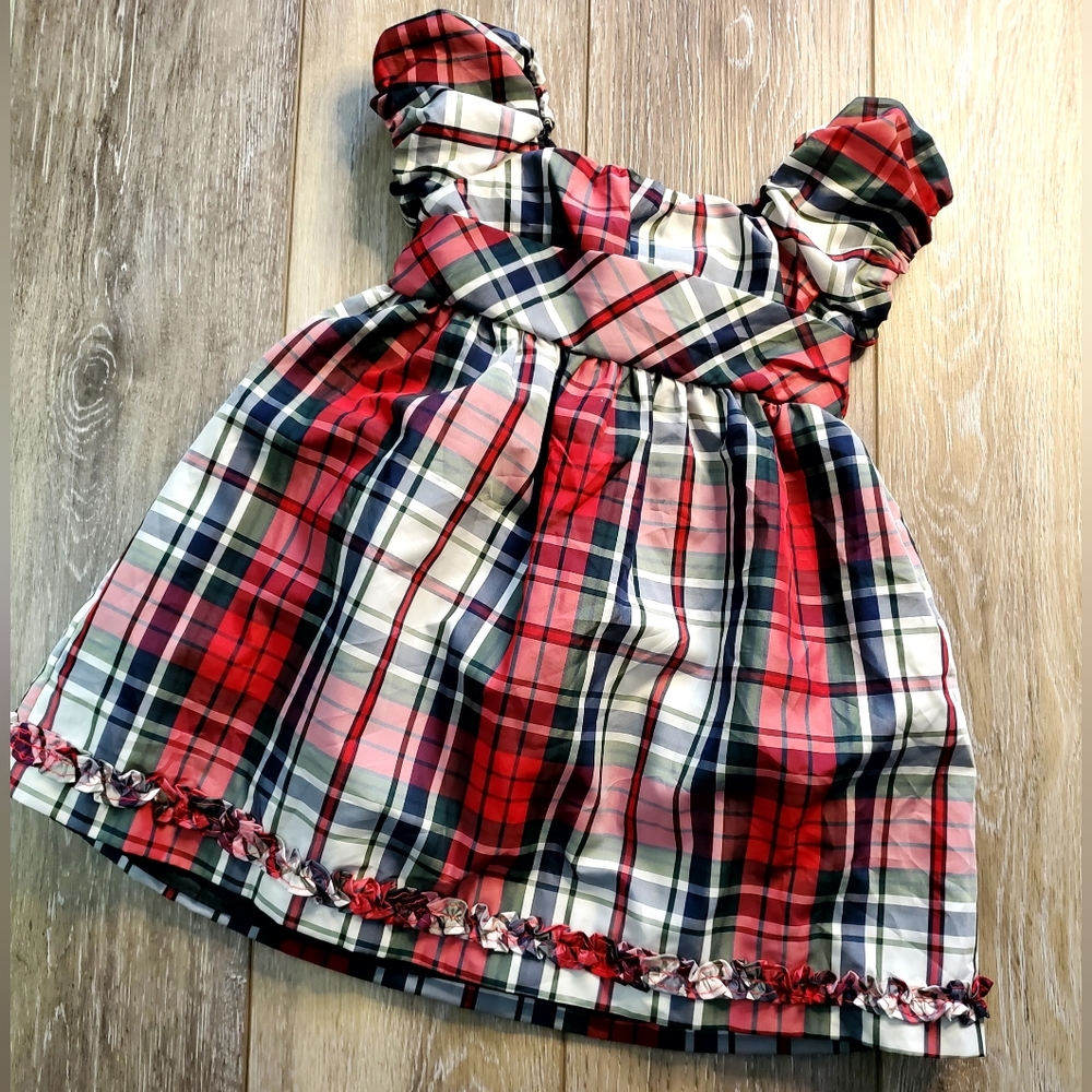 Chaps baby girl's capped sleeve red, navy and white plaid dress Size 12 months
